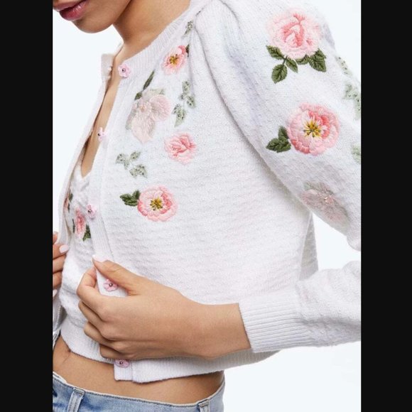 NWT Alice + Olivia Kitty Puff Sleeve Floral Embroidery Cardigan Sweater XL - Picture 1 of 16